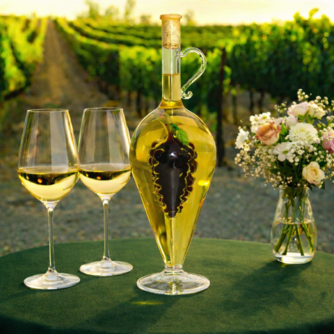 Decorative jug with red wine-filled grape bunch inside (0.5 L)
